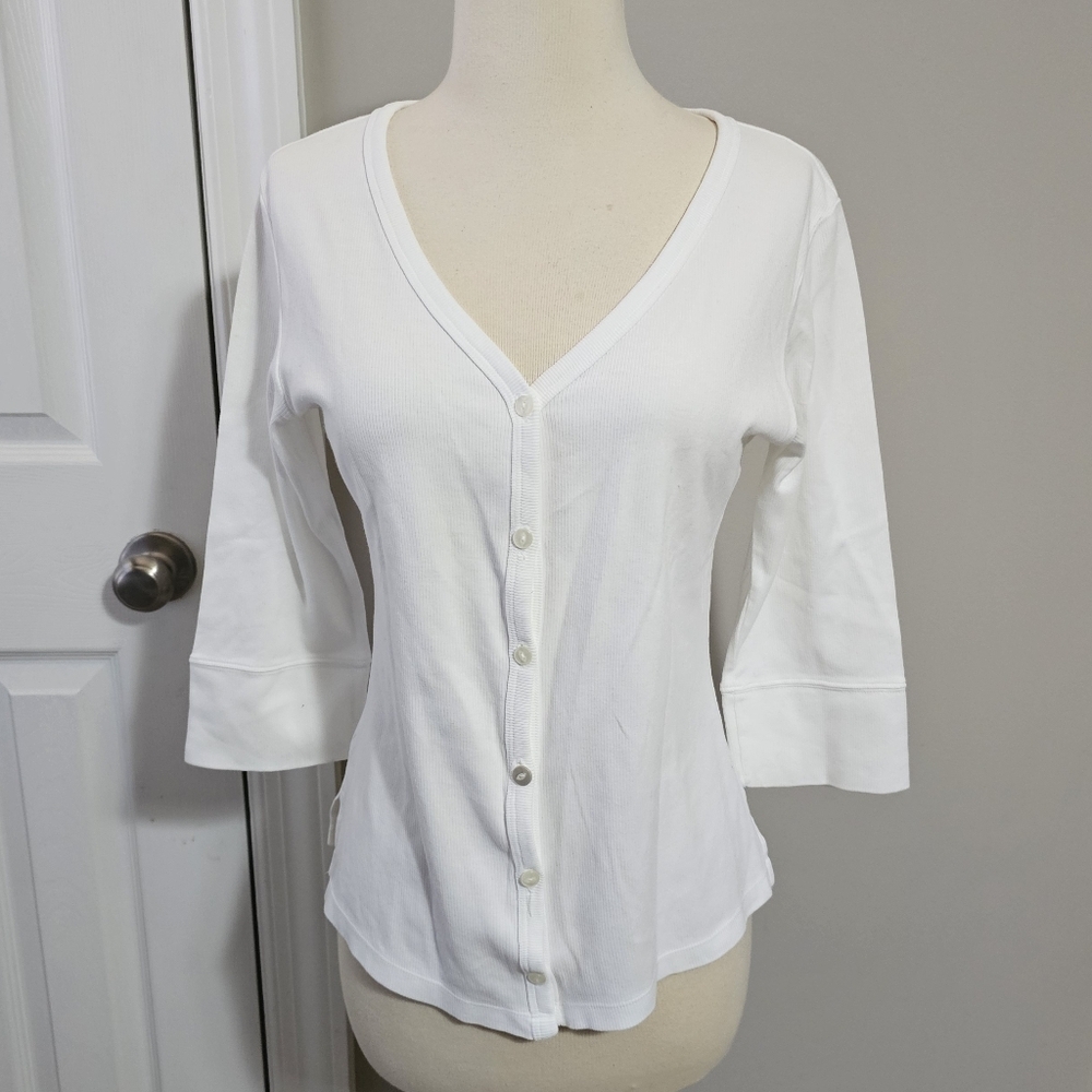 Mod-O-Doc White Ribbed Cotton V-Neck Henley Top Size 2 (XS/S)